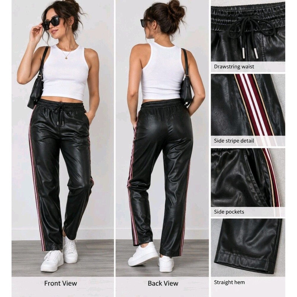 Avec Les Filles Black Faux Leather Jogger Pants S Striped Side Track Tapered